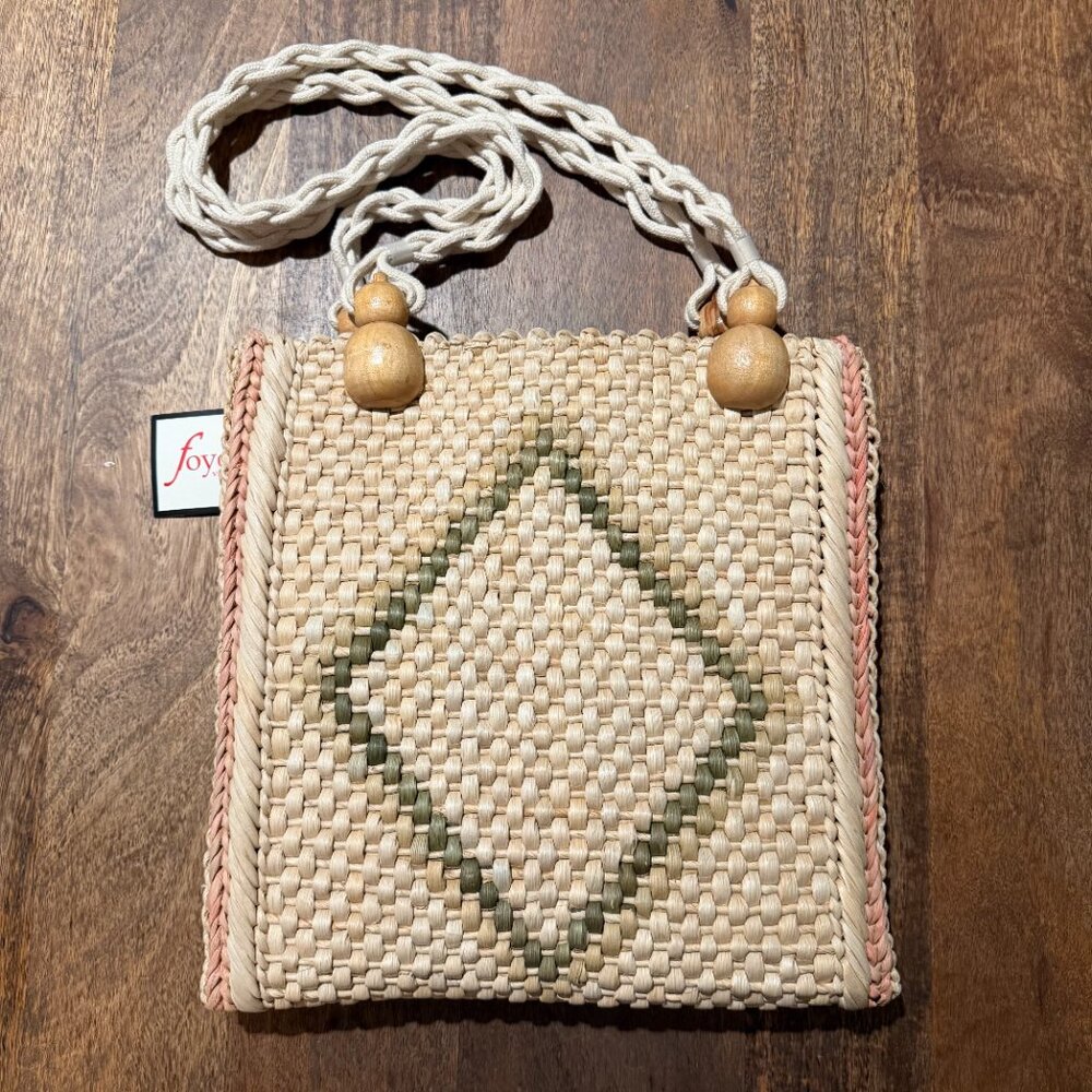 Vintage Woven Straw Shoulder Bag Floral Embroidery Rope Strap Lined Zipper Tote - Picture 5 of 8